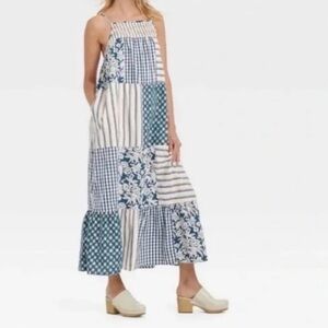 Universal Thread Tiered Cotton Blue Patchwork Sleeveless Boho Maxi Sundress